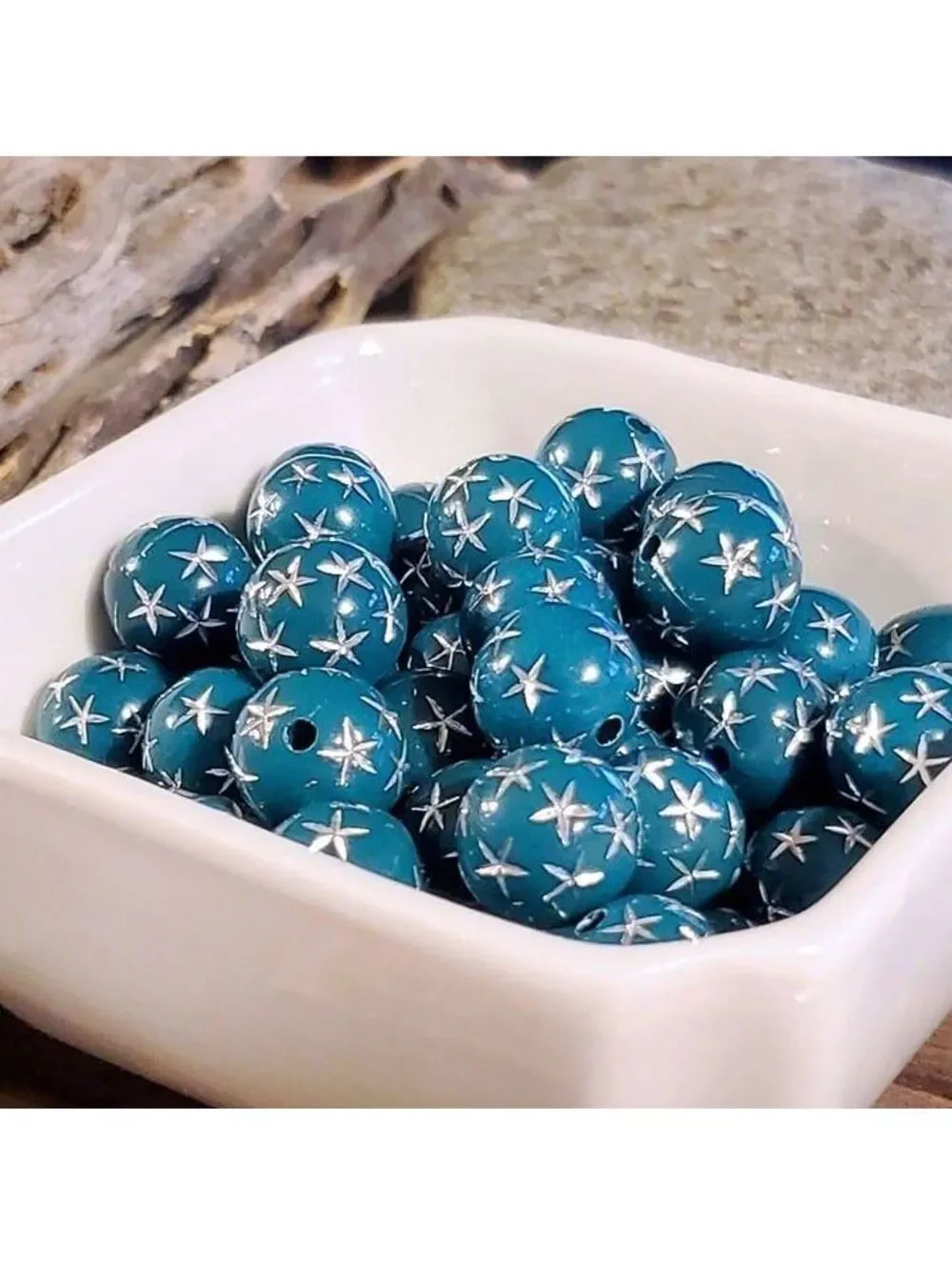10 Vintage Retro Teal Green Silver Stars 12mm Round Acrylic Shabby Beads
